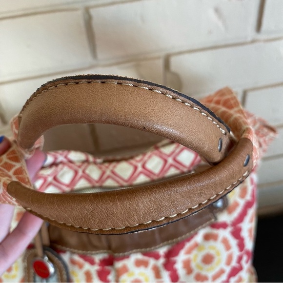 FOSSIL Vintage Leather Canvas Geometric Tote Shoulder Bag Boho Casual Key Charm - Picture 3 of 10